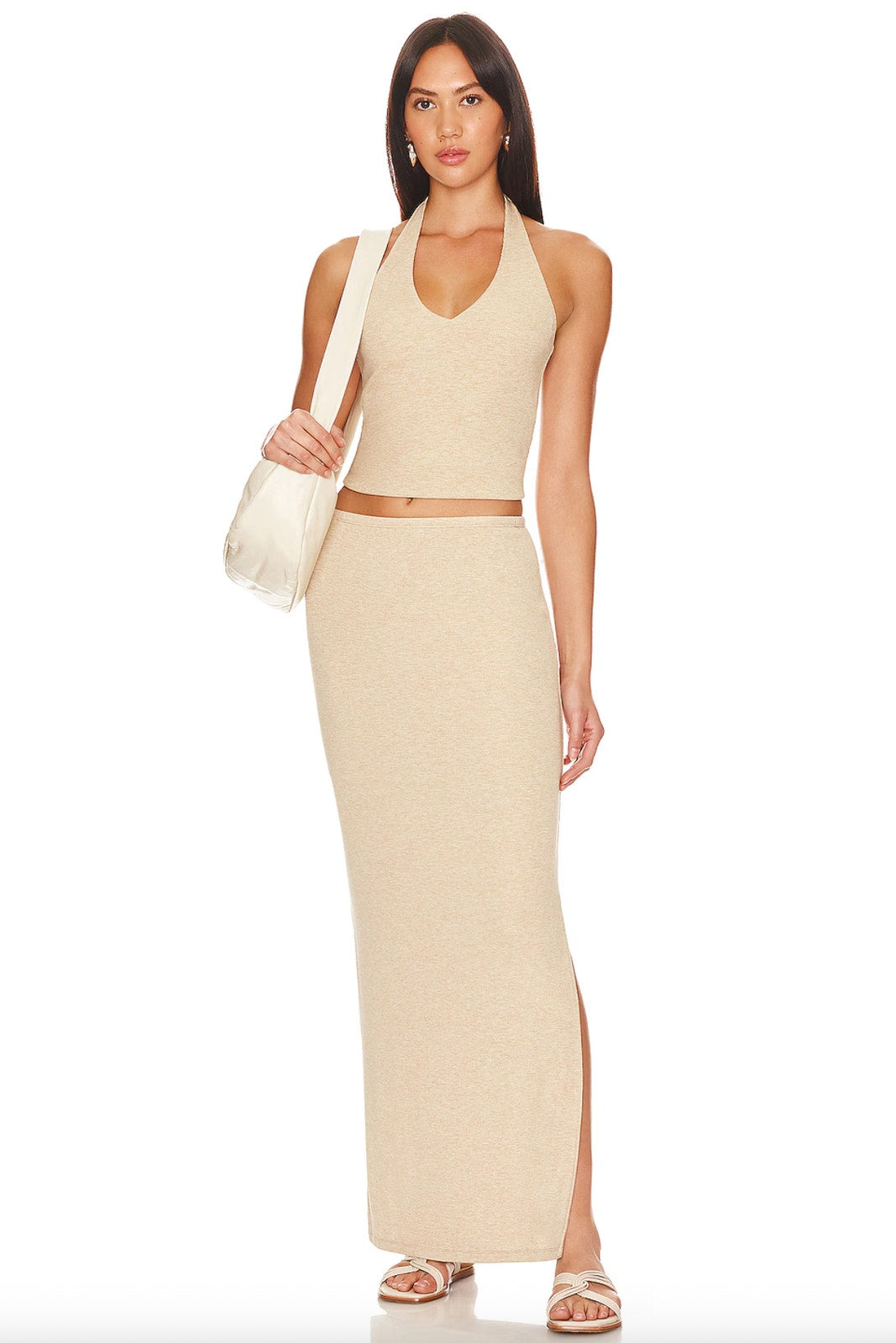 LNA Steph Rib Skirt Heather Sand Ribbed Midi Skirt Medium | Front view