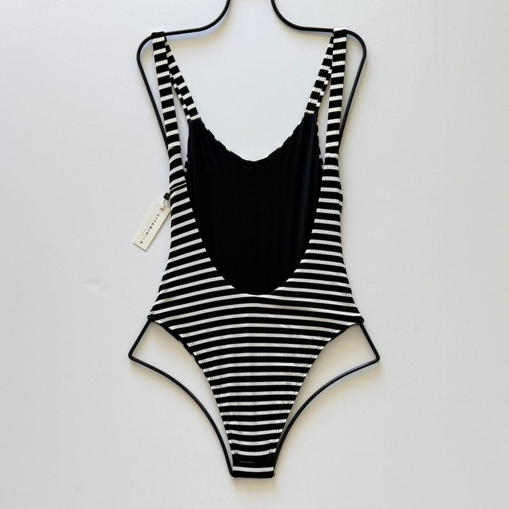 Vitamin A Swimwear Leah One Piece - Marin Stripe Black Ribbed | Back view