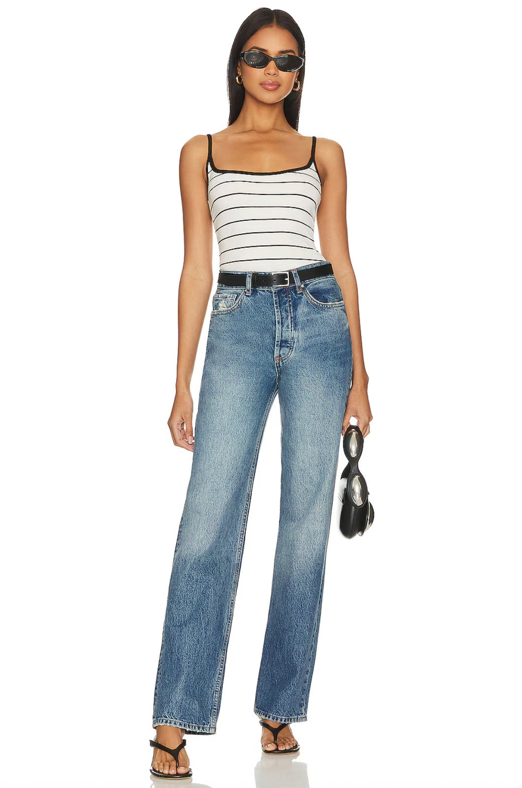 WeWoreWhat Scoop Cami Bodysuit - Ecru & Black Stripe | Front view