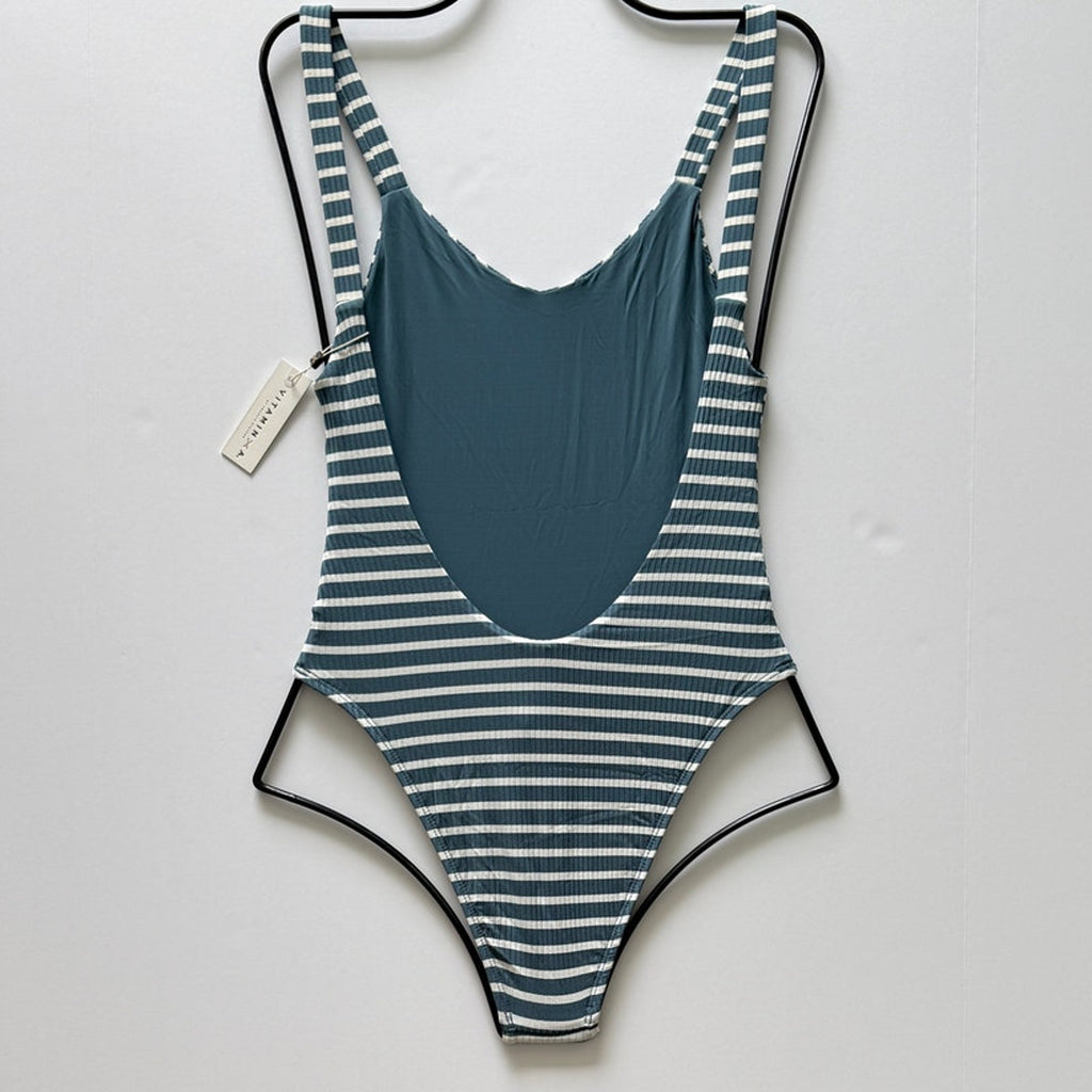 Vitamin A Swimwear Leah Ribbed One Piece - Marine Stripe Grey | Back view