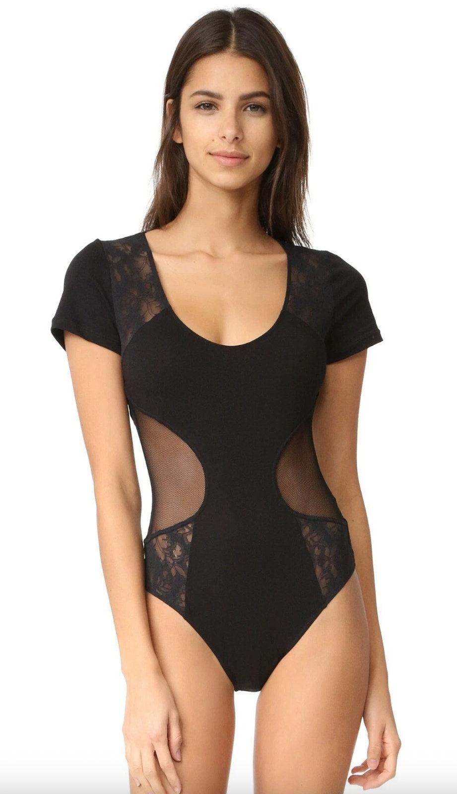 Cosabella Bisou Lace Short Sleeve Teddy Bodysuit - Black | Front view