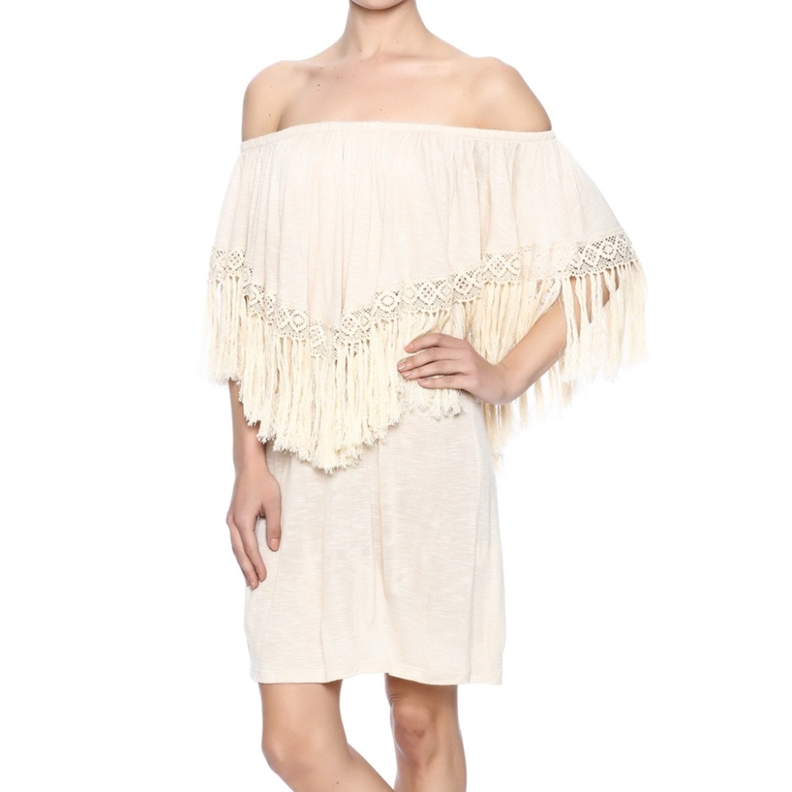 Elan USA Off Shoulder Fringe Boho Dress | Front view
