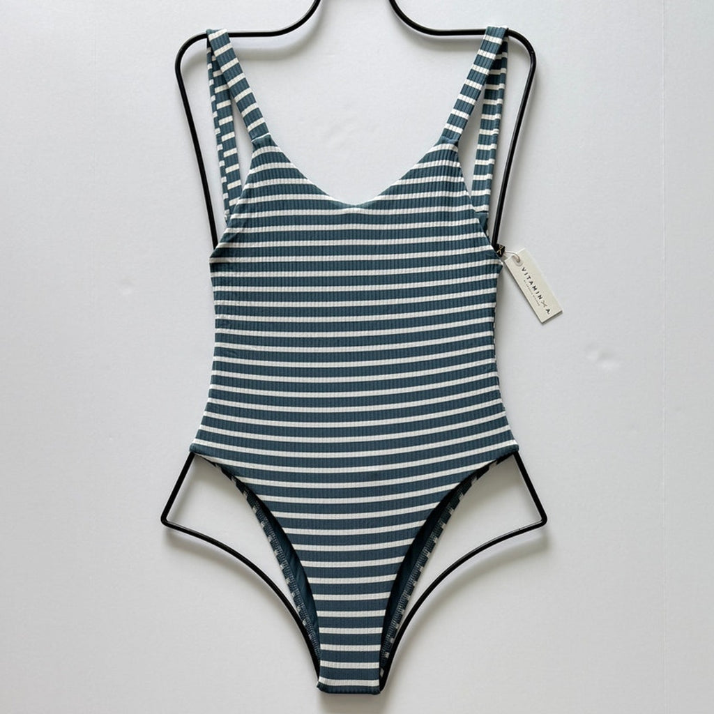 Vitamin A Swimwear Leah Ribbed One Piece - Marine Stripe Grey | Front view