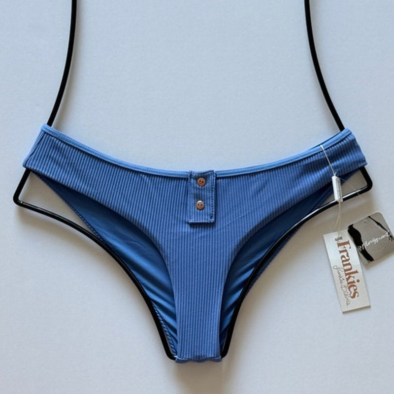 Frankies Bikinis Alana Ribbed Button Bikini Bottom - Marine Blue | Front view