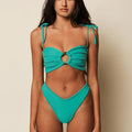 Montce Swim Binded Thong Bikini Bottom - Teal | Front view