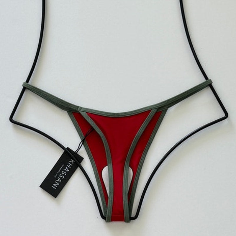 Khassani Swim Tiny Tanga Bikini Bottom -Rouge / Khaki