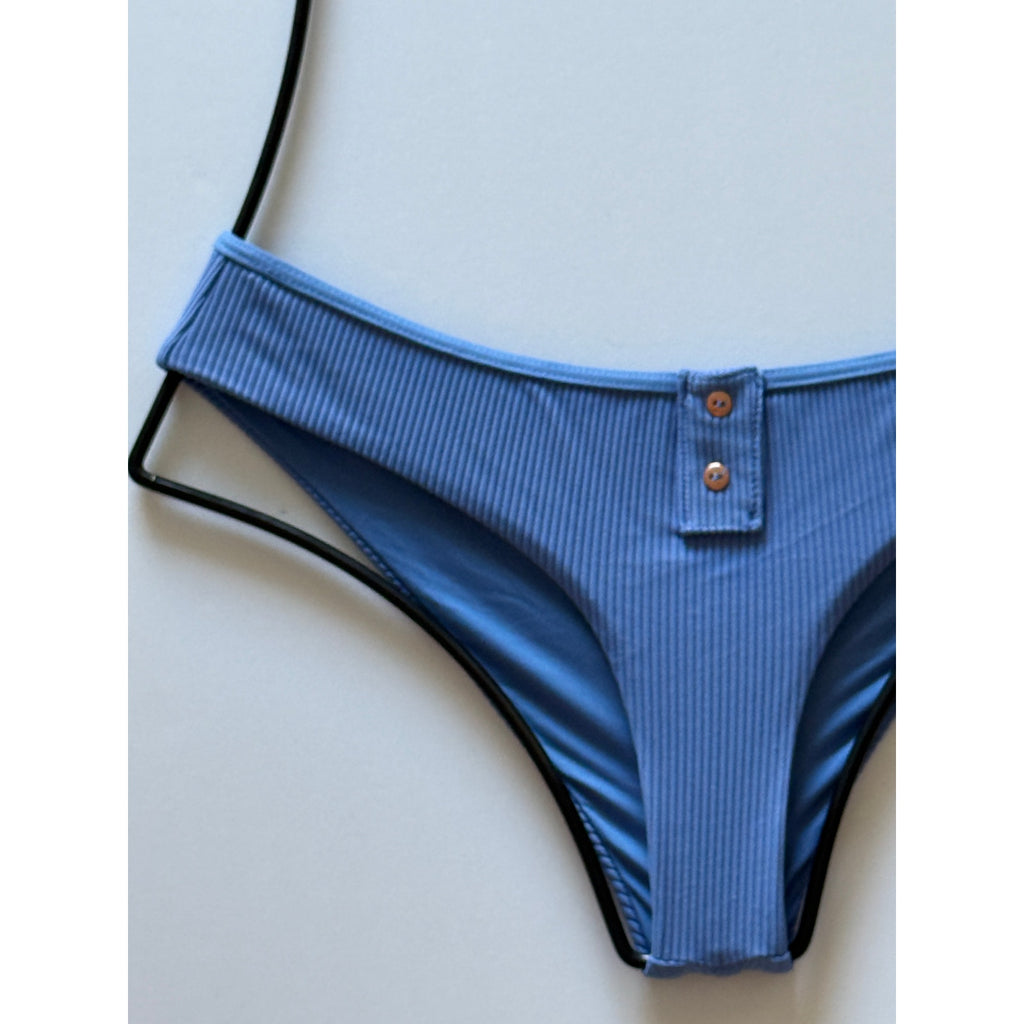 Frankies Bikinis Alana Ribbed Button Bikini Bottom - Marine Blue | Back view