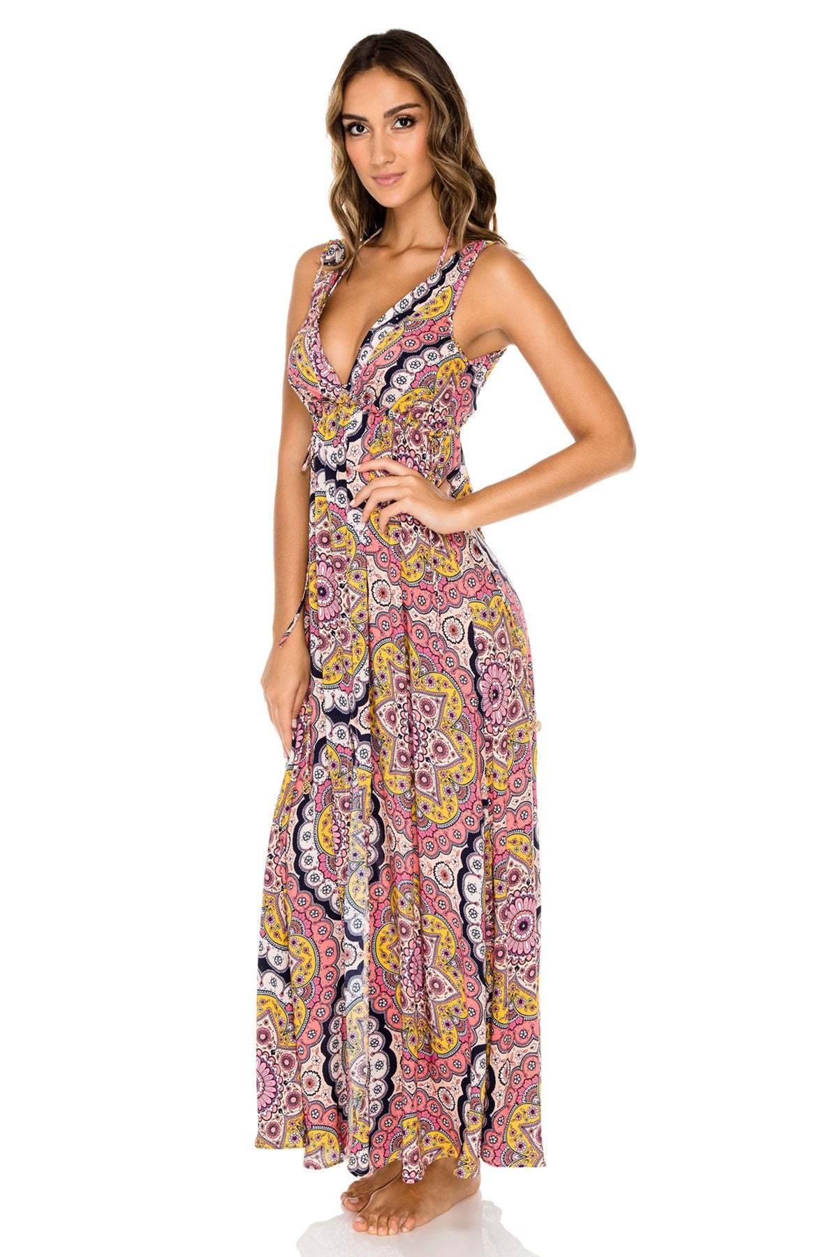 Luli Fama Dress - Luli Fama Alhambra V Neck Long Dress in Coral